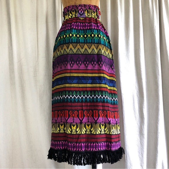 Vintage 80s/90s Woven Ethnic Cinched High Waist Fringe Hem Pencil Midi Skirt - Picture 6 of 8